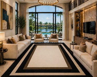 Alfombra de lujo neutra para sala de estar, alfombra grande para sala de estar, alfombra moderna con borde geométrico, alfombra minimalista en negro y beige, alfombra contemporánea para el hogar.