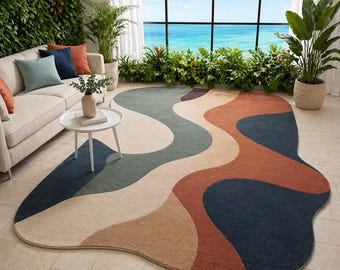 Alfombra moderna abstracta de forma irregular, alfombra en tonos tierra, alfombra de lujo con forma orgánica, alfombra para sala de estar, alfombra de diseño en tonos beige, azul y óxido.