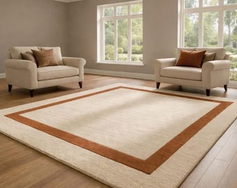 Alfombra beige con borde marrón, estilo escandinavo moderno