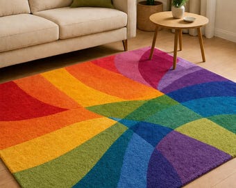 Alfombra abstracta arcoíris, alfombra moderna y colorida, alfombra geométrica vibrante, decoración para sala de estar, alfombra arcoíris bohemia, alfombra suave para dormitorio, decoración del hogar