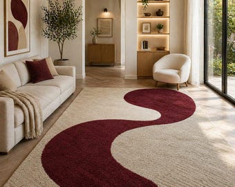 Alfombra moderna abstracta de diseño curvo en tonos beige y rojo, alfombra grande para sala de estar, alfombra suave de lujo, decoración minimalista contemporánea para el hogar.