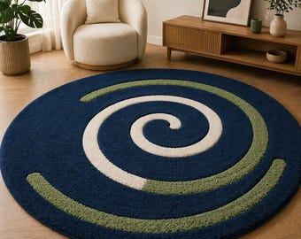 Alfombra redonda moderna en espiral azul y verde con diseño abstracto, alfombra circular suave y mullida, alfombra contemporánea para sala de estar, decoración minimalista para el hogar.