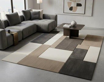 Alfombra geométrica moderna, alfombra neutra beige y gris para sala de estar, decoración escandinava.