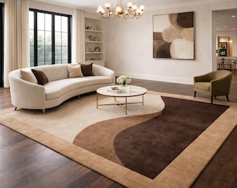 Alfombra bicolor, alfombra escandinava moderna en beige y marrón, decoración neutra para sala de estar.