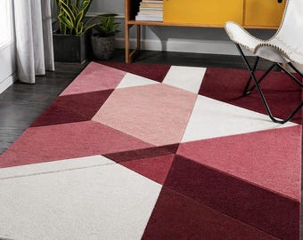 Alfombra geométrica abstracta, alfombra moderna roja y rosa, alfombra de lujo, alfombra de piso, decoración moderna de siglo, alfombra de bloques de color, alfombra artística para sala de estar