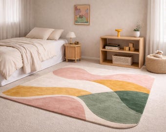 Alfombra moderna abstracta en tonos pastel, suave, neutra y colorida, minimalista, con estampado ondulado, ideal para dormitorio, habitación infantil o sala de estar.