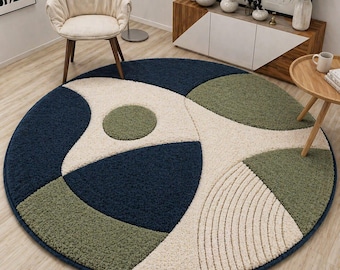 Alfombra redonda abstracta moderna en verde, azul y beige, alfombra geométrica de felpa, alfombra circular escandinava, decoración llamativa para el suelo de la sala de estar.