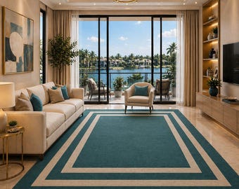 Alfombra moderna color verde azulado grande para sala de estar, alfombra minimalista con borde geométrico, decoración de lujo para el hogar, alfombra contemporánea para el suelo, alfombra para dormitorio.