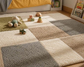 Alfombra para habitación infantil, alfombra neutra para guardería, alfombra suave y mullida para sala de juegos, alfombra beige y gris, alfombra decorativa para habitación de bebé, alfombra de juegos para niños pequeños, alfombra moderna para niños.