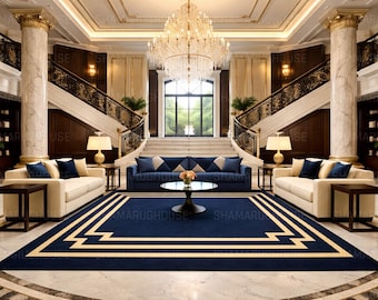 Alfombra Art Déco azul marino con borde geométrico dorado, moderna y llamativa.