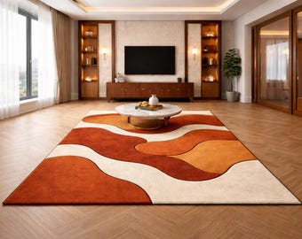 Alfombra con ondas abstractas, color naranja y beige, estilo contemporáneo para sala de estar, decoración minimalista para el hogar.