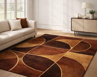 Alfombra moderna abstracta marrón, alfombra geométrica ondulada, alfombra de lujo para sala de estar, tapete contemporáneo, alfombra de decoración neutra para el hogar.