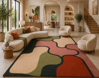 Alfombra moderna abstracta, alfombra grande para sala de estar, alfombra de bloques de color, alfombra de lujo contemporánea, alfombra de diseño en tonos tierra neutros.