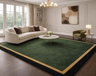 Alfombra verde oscuro con borde negro y dorado, alfombra minimalista moderna, decoración elegante para el hogar.