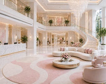 Alfombra abstracta de lujo en rosa y blanco, alfombra moderna para vestíbulo, alfombra contemporánea en suave tono rosa, alfombra grande para sala de estar estilo hotel.