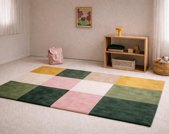 Alfombra abstracta a cuadros de colores intensos, alfombra moderna para habitación infantil, alfombra verde, rosa y amarilla, alfombra rectangular, alfombra suave para sala de juegos, decoración para guardería.