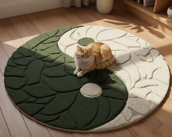 Alfombra redonda Yin Yang, estilo bohemio, color verde crema, suave y zen.