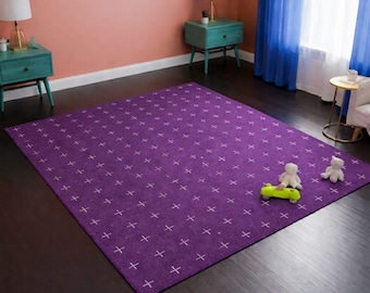 Alfombra morada moderna con estampado de cruces, suave para habitación infantil
