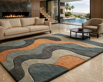 Alfombra abstracta moderna con diseño de ondas en terracota gris verdoso