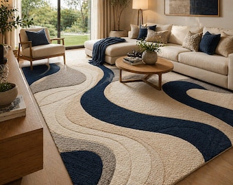 Alfombra moderna abstracta de ondas azul marino y crema, alfombra de lujo para sala de estar, decoración del hogar, alfombra de piso beige neutro con patrón ondulado y felpa
