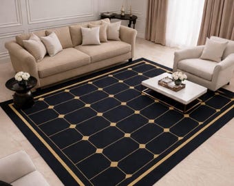 Alfombra geométrica de oro negro, moderna y lujosa.