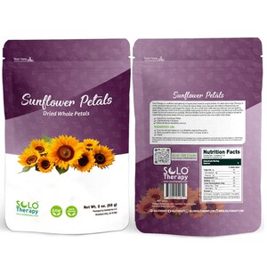 May include: A package of Solo Therapy Sunflower Petals, dried whole petals. The bag is purple with a floral design and the text "Sunflower Petals". The net weight is 2 oz (56 g). The package also includes a QR code.