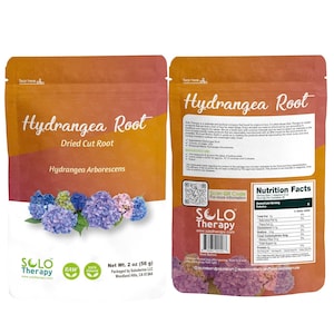 May include: A package of Solo Therapy Hydrangea Root, Dried Cut Root, and Hydrangea Arborescens. The package is orange and brown with a floral design and the text "Hydrangea Root". The net weight is 2 oz (56 g).
