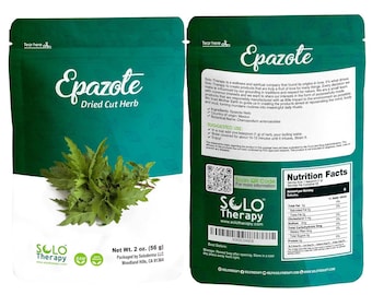 May include: A green package of Solo Therapy Epazote, a dried cut herb. The package features the brand name, product name, and a bundle of the herb. The net weight is 2 oz (56 g).
