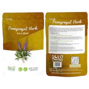 May include: A package of Pennyroyal Herb, cut and sifted, with a sprig of purple flowers. The package is tan with text that reads "SOLO Therapy" and "Net Wt. 1 oz (28 g)." Includes a QR code for more information.