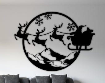 Santa Sleigh Wall Art PNG – Christmas Reindeer Decor, Holiday Laser Cut SVG
