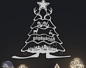 Christmas Tree Metal Wall Art Christmas Deer SVG Santa Claus Sleigh Silhouette Laser Cut