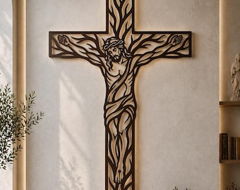 Floral Jesus Cross SVG - Jesus Cross Wall Decor DXF - Religious Wooden Cross Design for Laser Cut