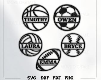 Sports Ball Name Sign SVG, Personalized Sports Ball SVG, Basketball Soccer Baseball Volleyball Football Cut File