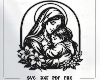 Virgin Mary and Baby Jesus SVG | Madonna and Child Silhouette | Christian Religious Art | Catholic PNG