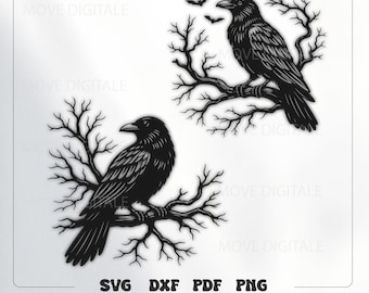 Raven SVG - Gothic Crow Silhouette - Dark Halloween Wall Art - Witch Decor Laser Cut File Digital Download