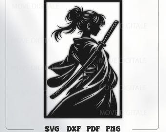Samurai Girl SVG | Female Samurai Silhouette | Japanese Warrior Art | Katana Laser Cut