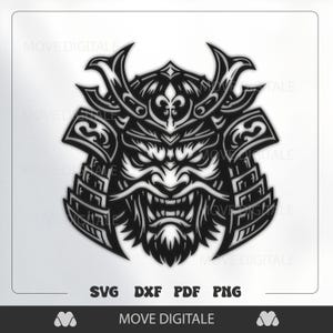 Puede incluir: Ilustración en blanco y negro de una máscara de samurái detallada, que muestra una expresión feroz y una armadura elaborada. Incluye el texto "SVG DXF PDF PNG" y el logotipo "MOVE DIGITALE".