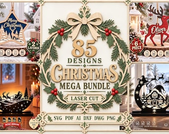 Christmas SVG Bundle, 85 Christmas Designs Mega Bundle, Laser Cut Files, Christmas Ornament SVG, Santa Reindeer Holiday Decor Dxf Png