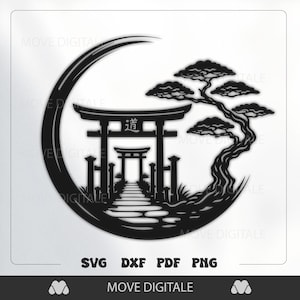 May include: Black silhouette design featuring a Japanese torii gate, a path, and a stylized tree within a crescent moon shape. The image includes the text "SVG DXF PDF PNG" and "MOVE DIGITALE".