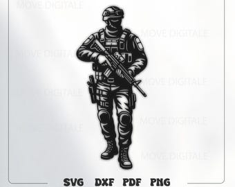 May include: Black and white illustration of a soldier in tactical gear, holding a rifle. The image includes the text "SVG DXF PDF PNG" and the logo "MOVE DIGITALE". The soldier is wearing a helmet, body armor, and knee pads.