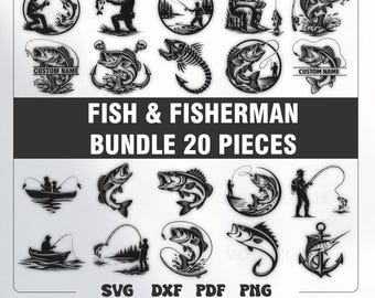 Fishing SVG Bundle 20 Design - Fish&Fisherman DXF PNG - Laser Cut Fishing Wall Art
