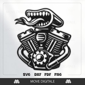 Könnte beinhalten: Schwarz-weiße Grafik eines Motorradmotors mit stilisiertem offenem Mund und Zunge darüber. Das Bild enthält den Text "SVG DXF PDF PNG" und "MOVE DIGITALE".