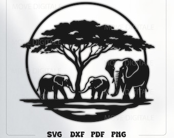 Safari Elephant SVG Cut File - Elephant Family Under Tree Wall Art - African Savanna Laser Cut