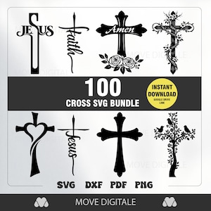 Puede incluir: Una colección de diseños de cruces negras con varios estilos, incluyendo elementos florales, de corazón y de texto como "Jesús" y "Fe". La imagen también incluye el texto "100 CROSS SVG BUNDLE" y "INSTANT DOWNLOAD GOOGLE DRIVE LINK."
