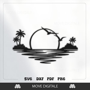 Pode incluir: Silhueta preta de uma cena de pôr do sol com palmeiras, ondas do oceano e pássaros em voo. A imagem inclui o texto "SVG DXF PDF PNG" e o logotipo "MOVE DIGITALE".