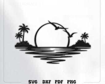 Metalowa grafika ścienna z tropikalnym zachodem słońca SVG - Scena na plaży na wyspie - Wycinana laserowo CNC Plasma Glowforge Design