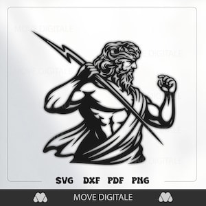 Könnte beinhalten: Schwarz-Weiß-Illustration eines muskulösen Mannes, möglicherweise Zeus, der einen Blitz hält und eine Toga trägt. Das Bild enthält den Text "SVG DXF PDF PNG" und das Logo "MOVE DIGITALE".