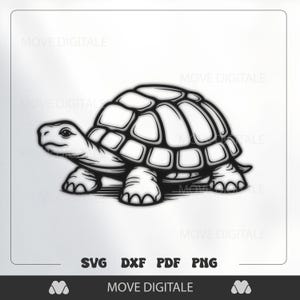 May include: A black and white illustration of a turtle. The turtle is depicted in a side profile, showcasing its shell, head, and legs. The image includes the text "SVG DXF PDF PNG" and "MOVE DIGITALE".