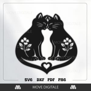 Könnte beinhalten: Schwarze Silhouette von zwei Katzen, die sich an der Nase berühren und durch ein Herz verbunden sind. Jede Katze hat ein Blumendesign an der Seite. Der Text "SVG DXF PDF PNG" und "MOVE DIGITALE" ist ebenfalls enthalten.