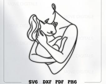 Woman Hugging Cat SVG - Minimal Line Art Cat Lover - Pet Lover DXF - Cute Cat Mom